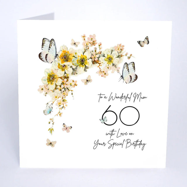 Wonderful Mum 60th Birthday Card - Butterflies & Blossom