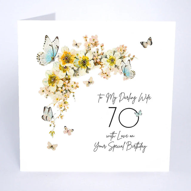 Darling Wife 70th Birthday Card - Butterflies & Blossom
