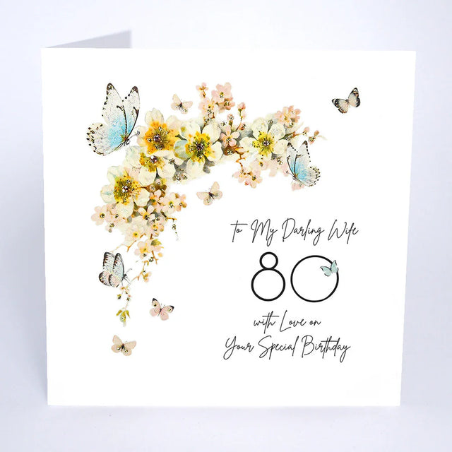 Darling Wife 80th Birthday Card - Butterflies & Blossom