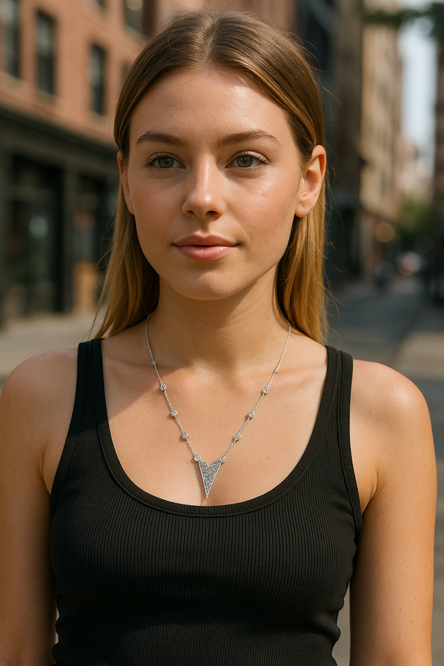 Model wearing the Miss Dee Silver Necklace with Crystal Heart & Chain