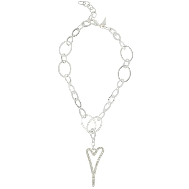 Miss Dee Silver Oval Links Chain Necklace with Hollow Diamante Heart