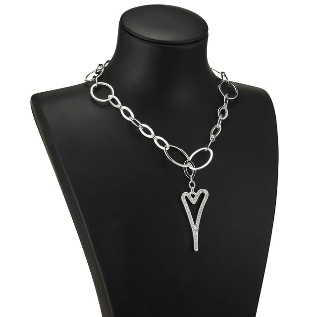 Miss Dee Silver Oval Links Chain Necklace with Hollow Diamante Heart
