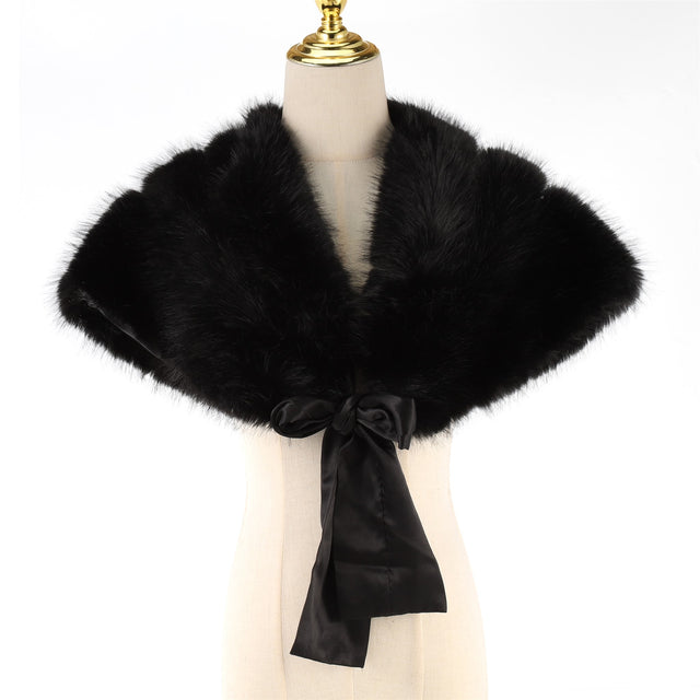 Faux Fur With Ribbon Tie Shawl Scarf - Black