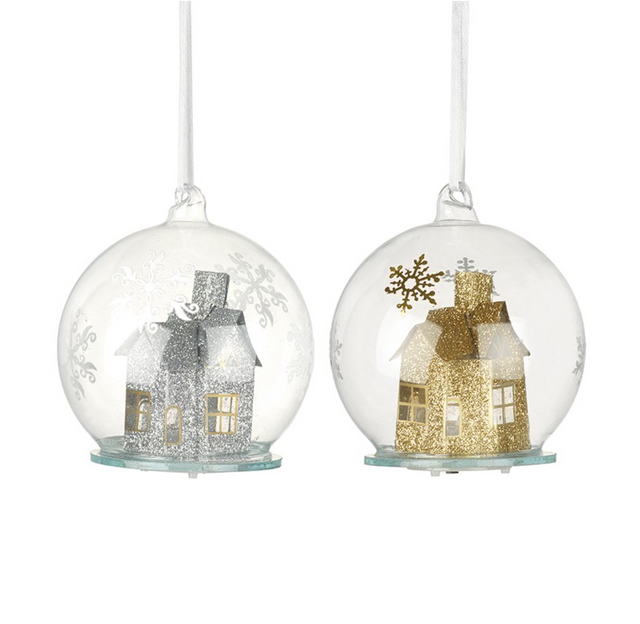Glass Bauble with House and LED Light