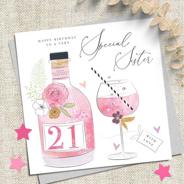 Sister 21st Birthday Card - Wine Bottle