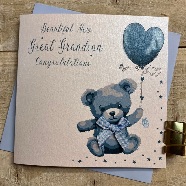 Beautiful New Great Grandson Card - Blue Teddy