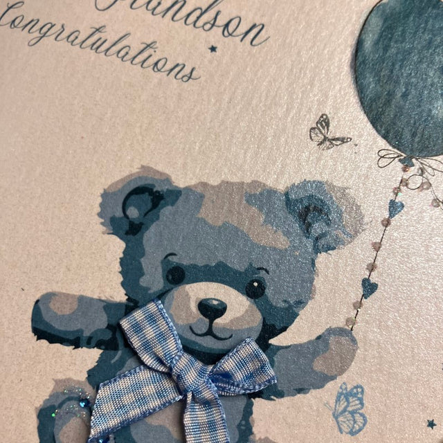 Beautiful New Great Grandson Card - Blue Teddy