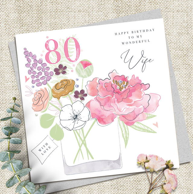 Wife 80th Birthday Card - Floral