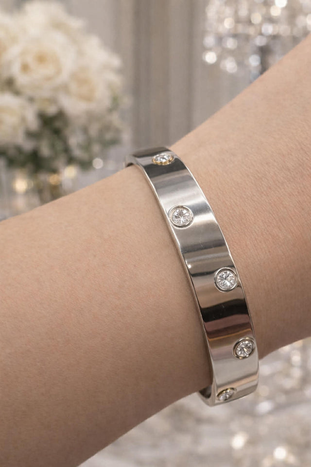 Wide Solid Bangle with crystals - Silver