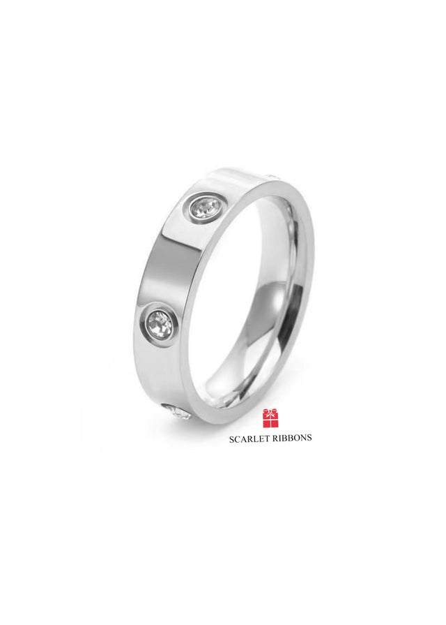 Solid Band Ring with Crystals - Silver