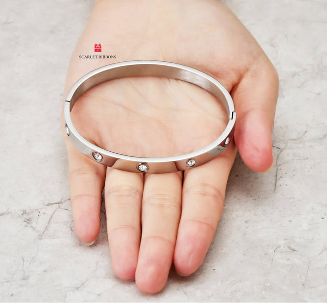 Solid Bangle with crystals - Silver