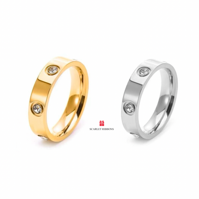 Solid Band Ring with Crystals - Silver