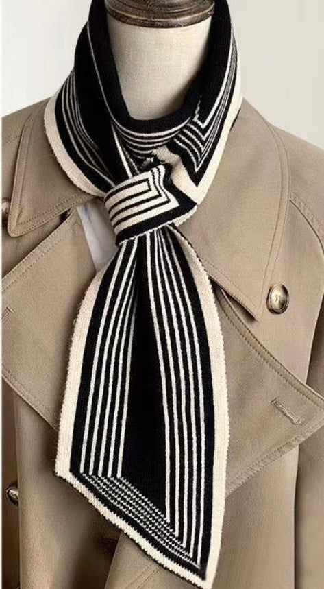 Stripy Lined Knit Long Crossover Scarf