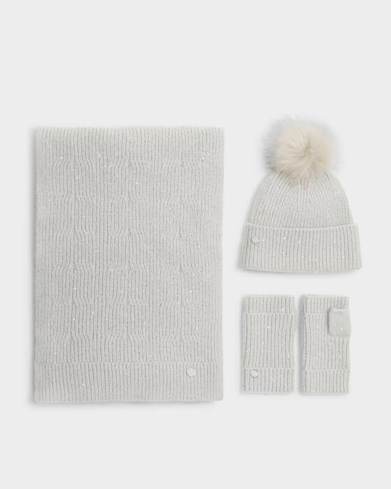 Katie Loxton Sequin Pom Pom Hat - Pale Grey