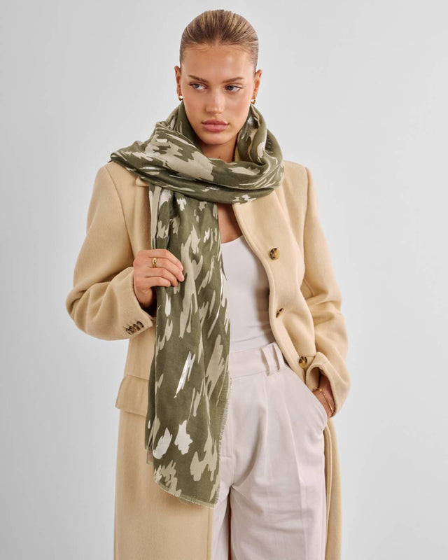 Katie Loxton Animal Printed Foil Scarf - Olive and Silver
