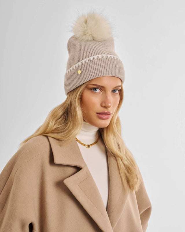 Katie Loxton Whipstitch Pom Pom Knitted Hat - Taupe