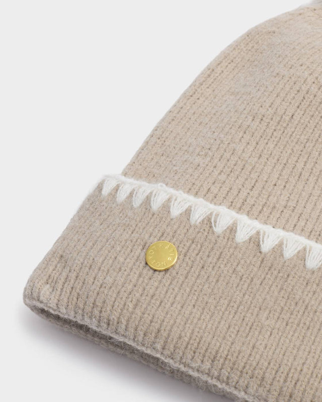 Katie Loxton Whipstitch Pom Pom Knitted Hat - Taupe