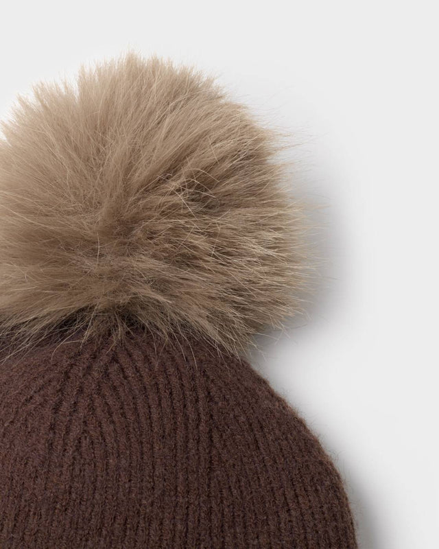 Katie Loxton Whipstitch Pom Pom Knitted Hat - Chocolate