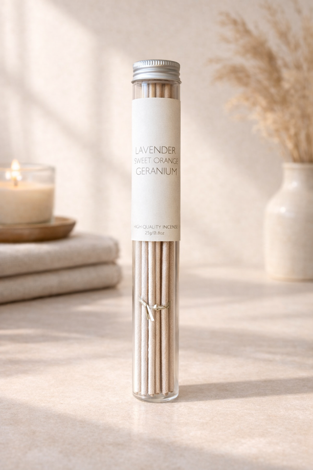 Incense Sticks Glass Tube - Lavender, Sweet Orange & Geranium