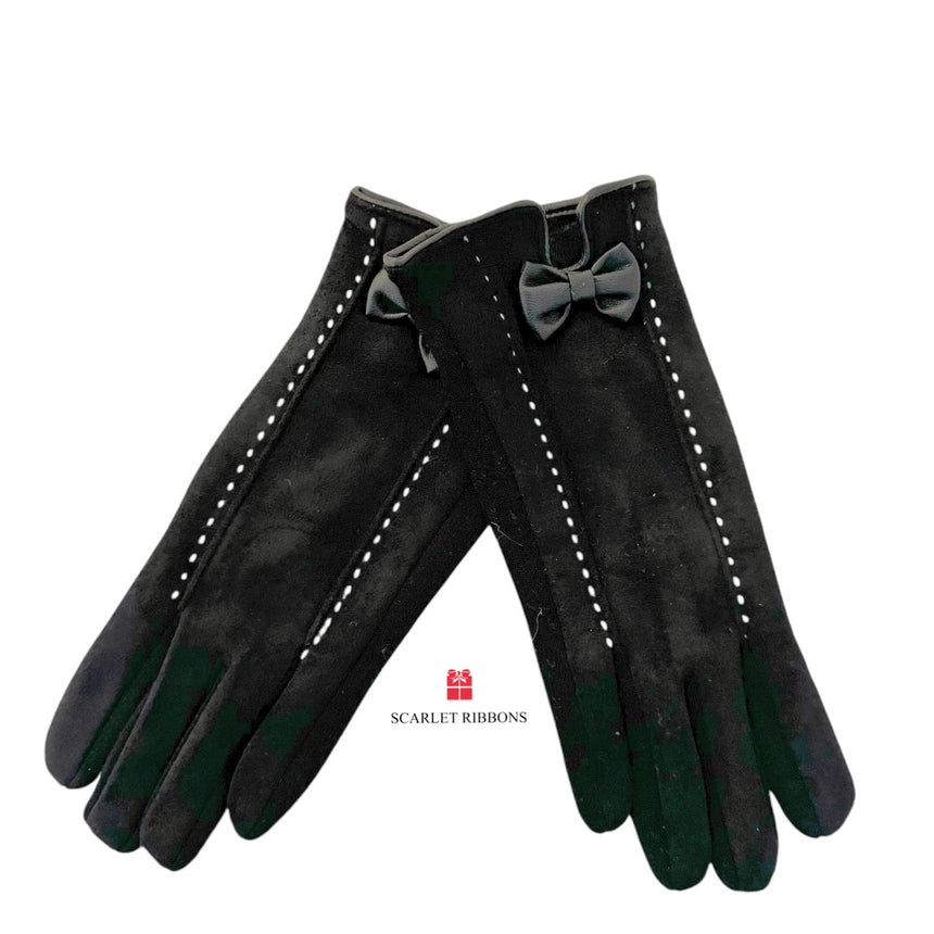 Black Gloves with Bow & Stitch Detail