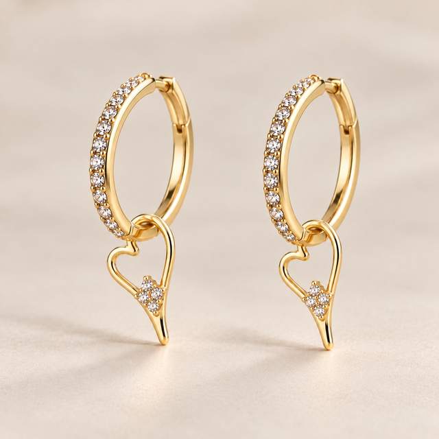 Miss Dee CZ Hoops with Hanging Heart  - Gold