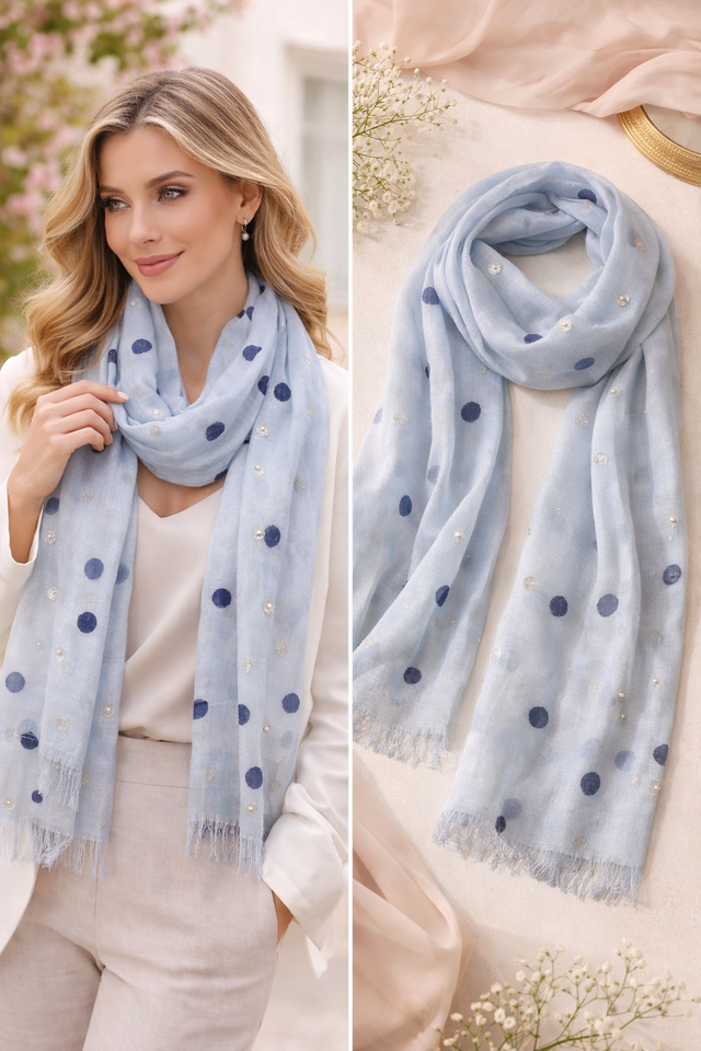 Glitter Dot & Pearl Detail Scarf - Pale Blue