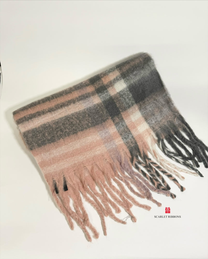 Fleece Check Scarf - Pale Pink and Grey