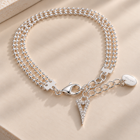 Double Chain Bracelet with Crystal Heart - Silver