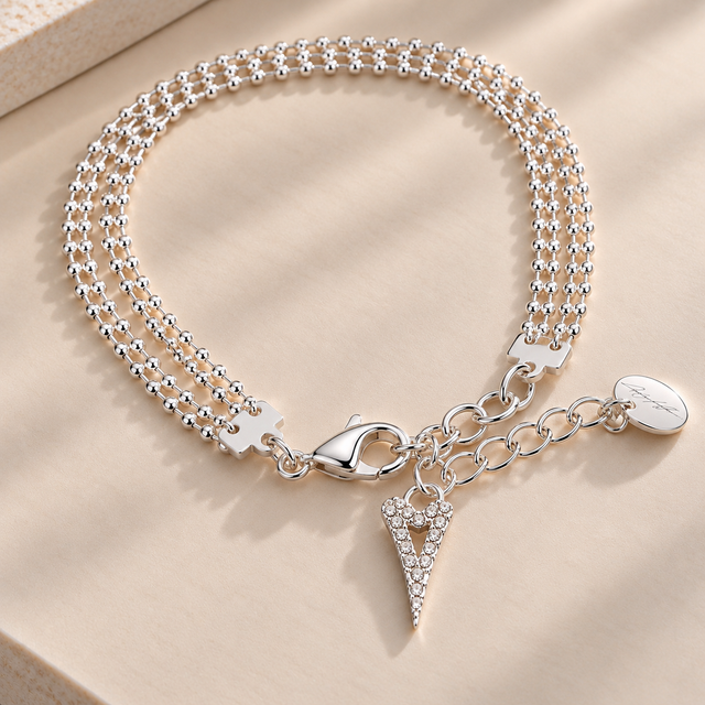 Double Chain Bracelet with Crystal Heart - Silver