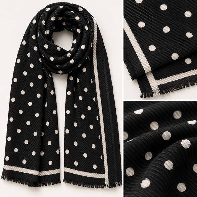 Black with White Spot Crinkle Scarf