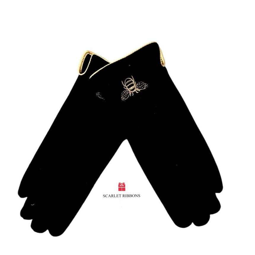 Black Gloves with Embroidered Bee Detail