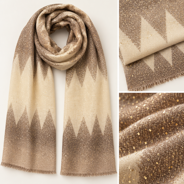 Gold Foil Speck Zic Zag Scarf - Brown/Beige