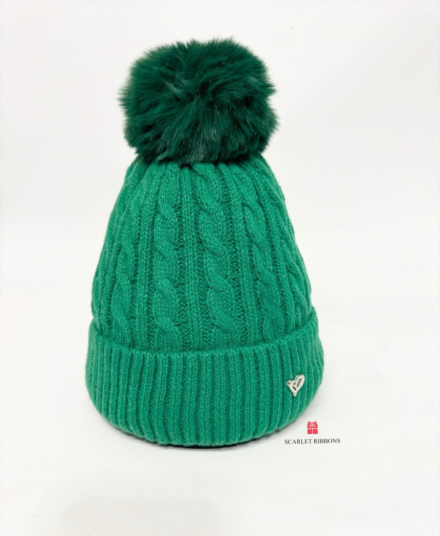 Cable Knit Pom Pom Hat - Green