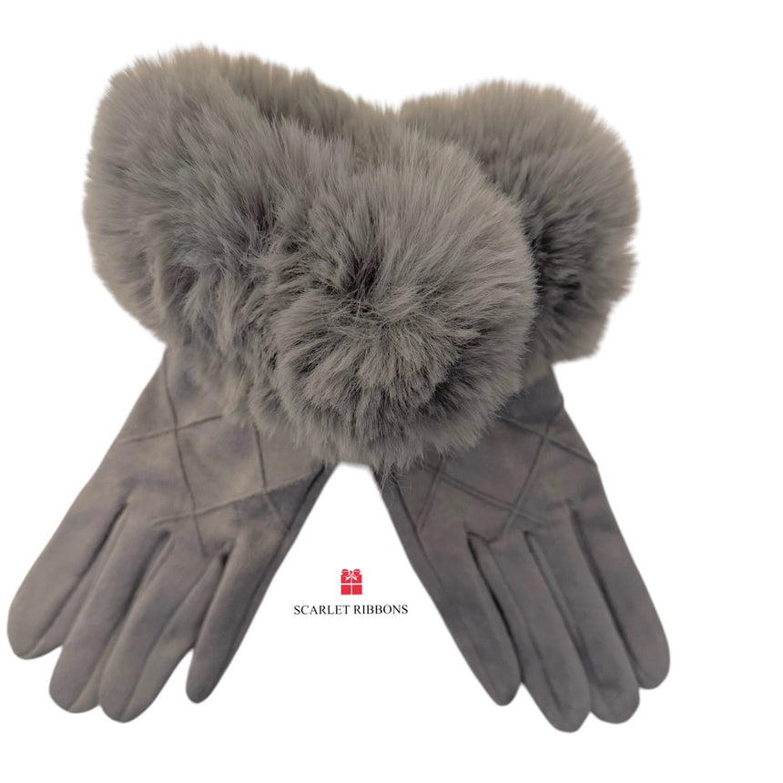 Grey Line Detail Gloves with Faux Fur Cuff