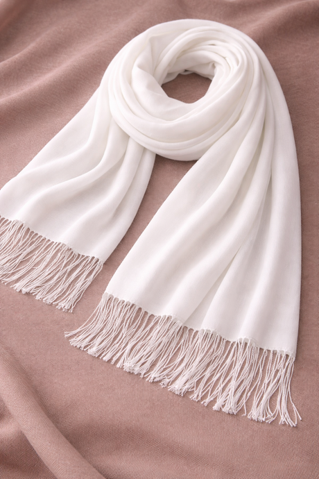 Lightweight Scarf with Fringes - White