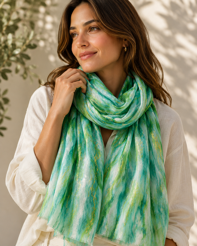 Metallic Gold Foil Green Stripe Scarf