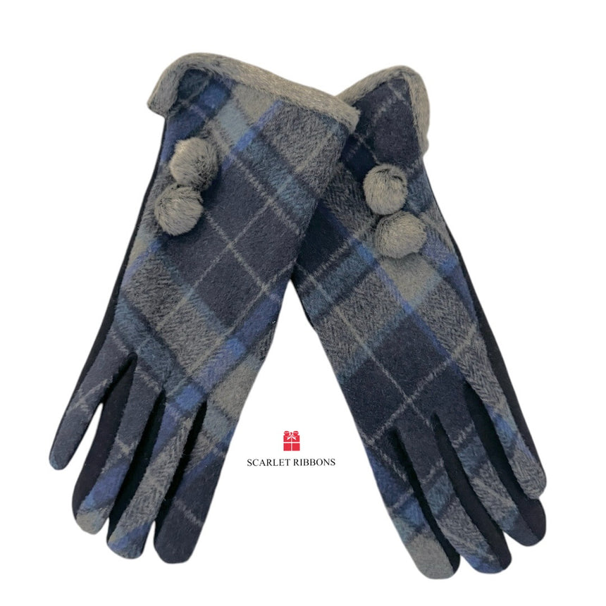 Blue Check Gloves with Button Detail