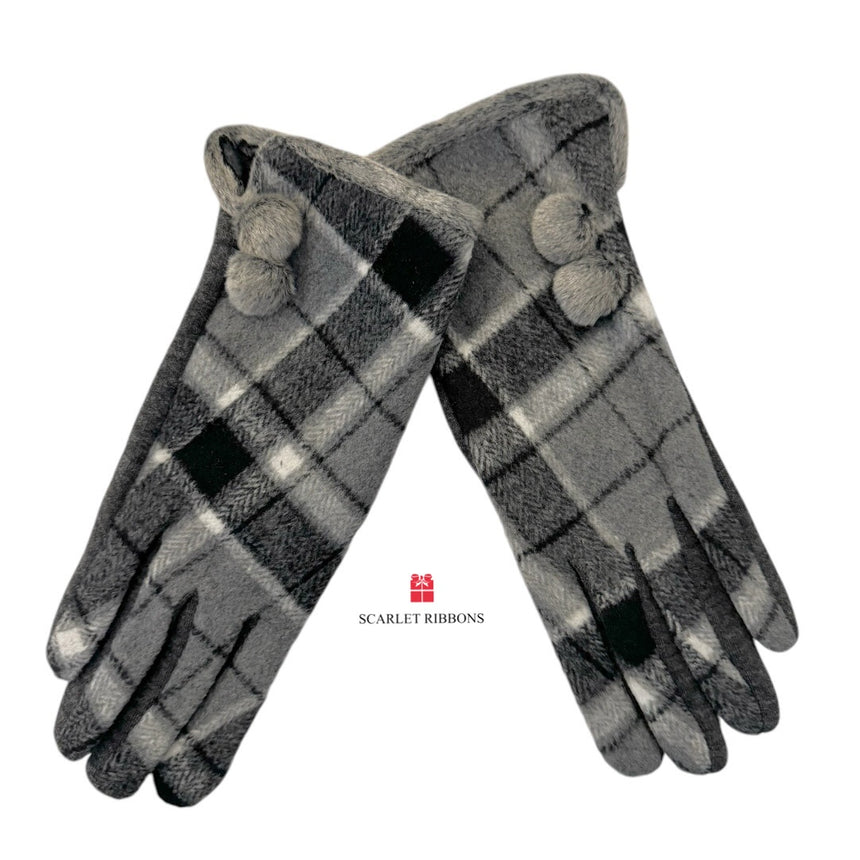 Grey Check Gloves with Button Detail