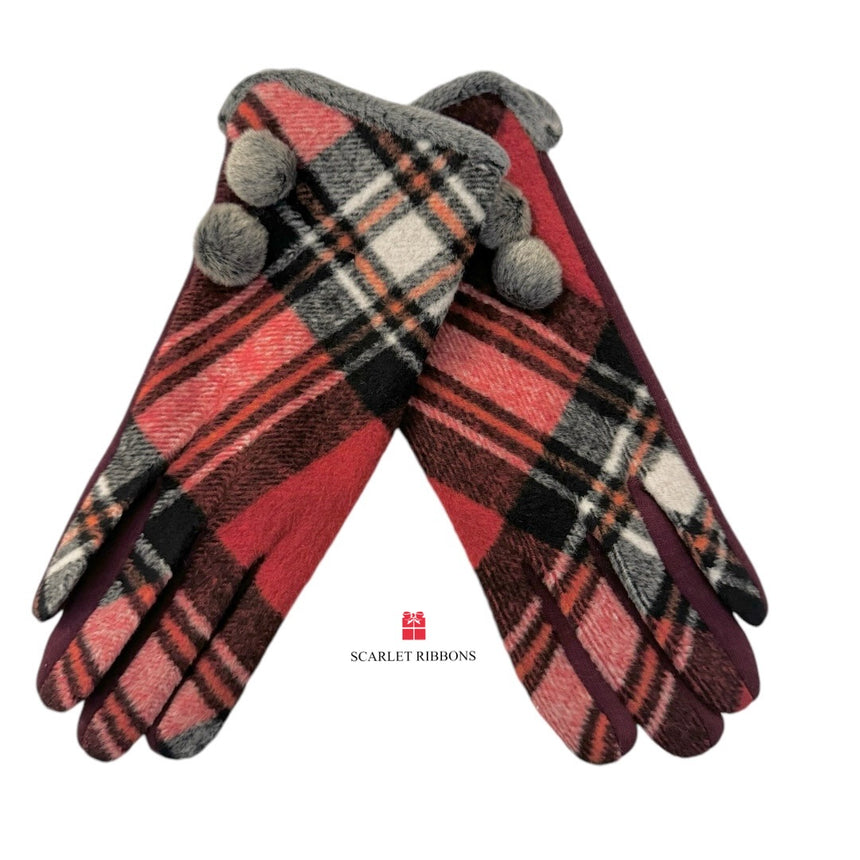 Red Check Gloves with Button Detail