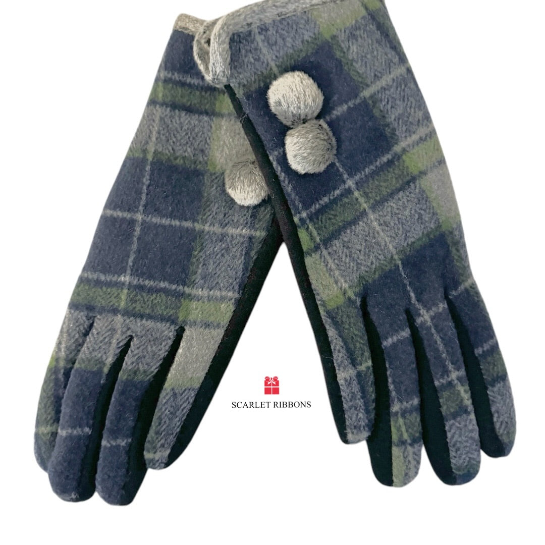 Navy & Green Check Gloves with Button Detail