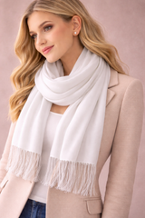 Lightweight Scarf with Fringes - White