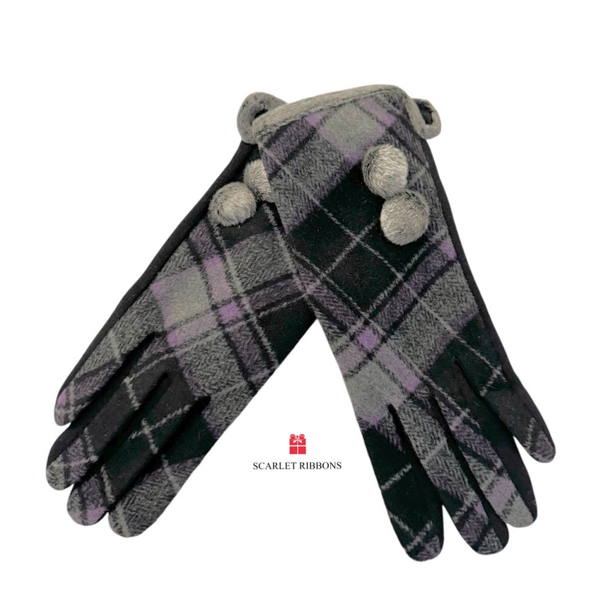 Purple & Grey Check Gloves with Button Detail