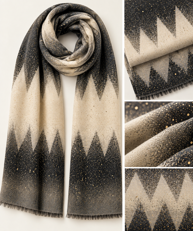 Gold Foil Speck Zic Zag Scarf - Black/Grey