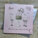 White Cotton Mum 60th Pink Champs & Cake Birthday Card