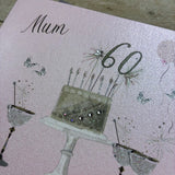 White Cotton Mum 60th Pink Champs & Cake Birthday Card