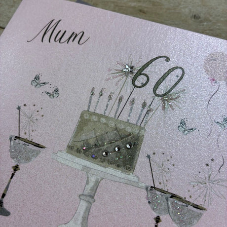 White Cotton Mum 60th Pink Champs & Cake Birthday Card