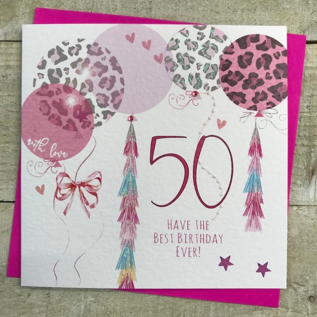 50th Leopard Balloons Birthday Card