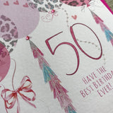50th Leopard Balloons Birthday Card