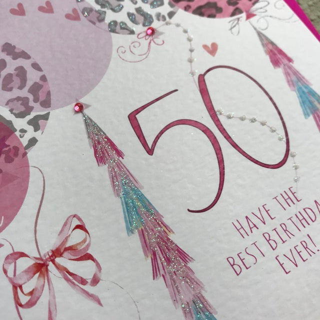 50th Leopard Balloons Birthday Card