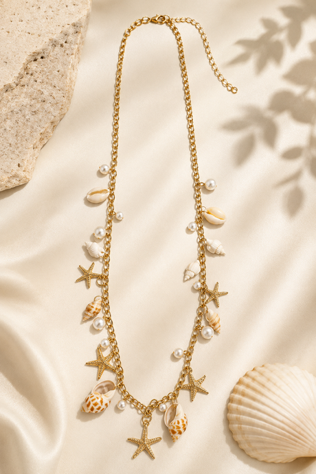 Long Shell Charm Necklace - Gold